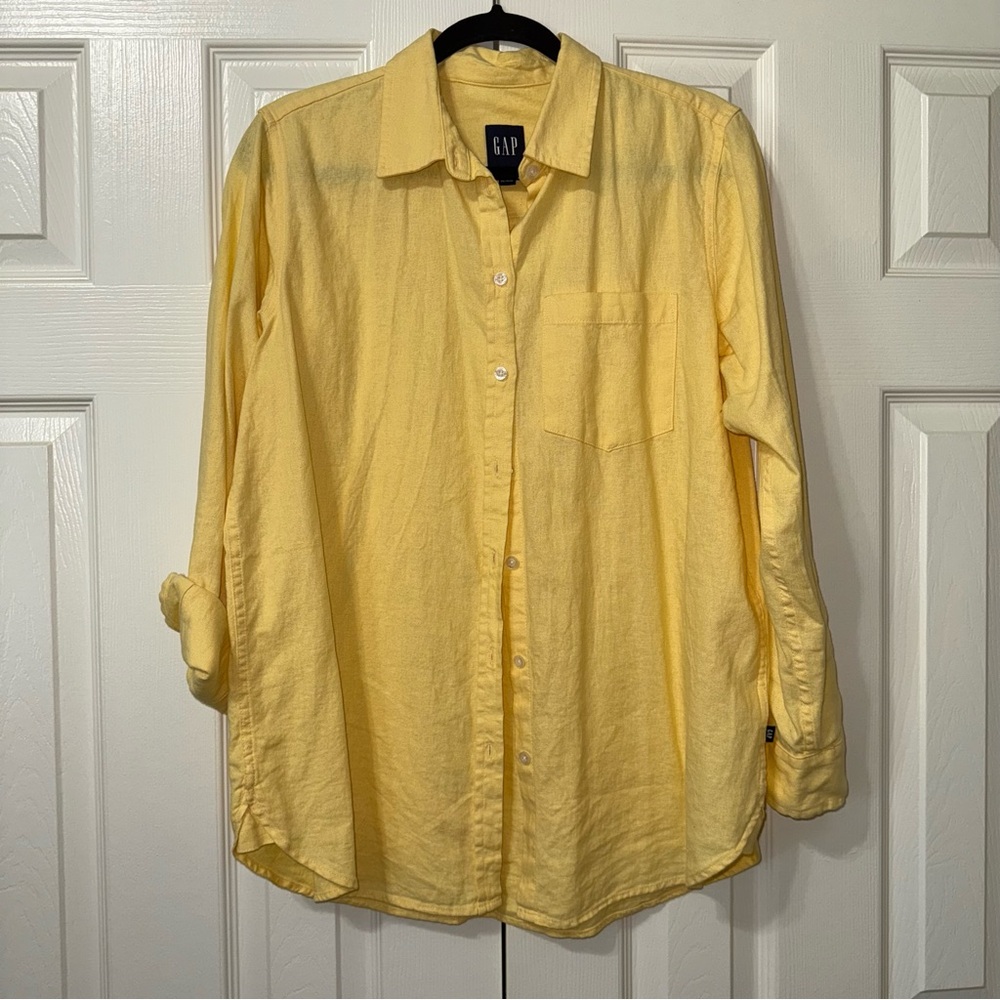 Gap Yellow Solid Linen Blend Button Down Collar L… - image 1